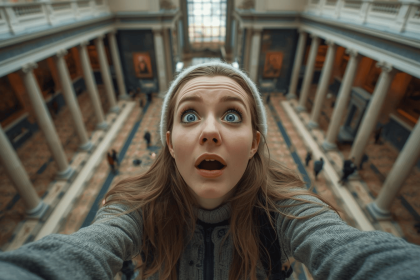 Woman looking above in amazement